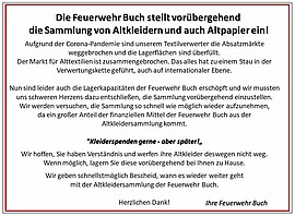 Banner Altkleidersammlung der Feuerwehr Buch vorübergehend eingestellt